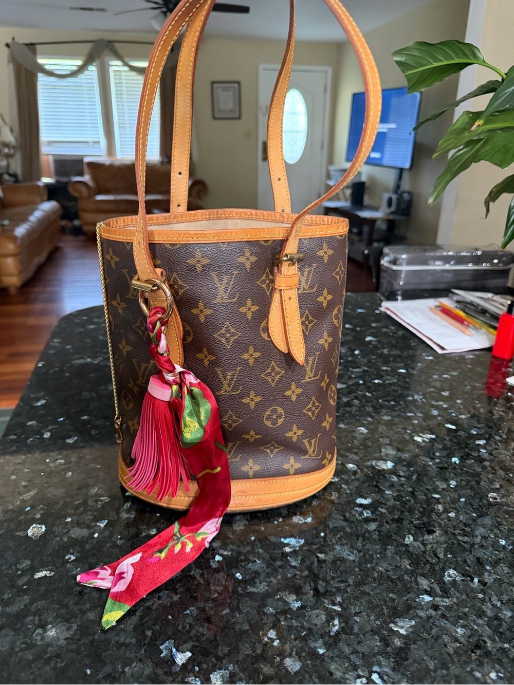 Louis Vuitton Monogram Bucket Tote in Brown with Tan Trim